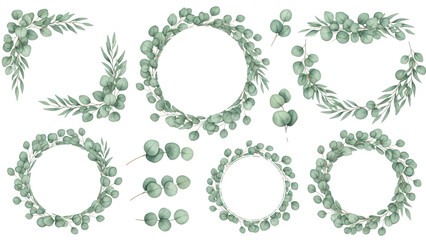 Eucalyptus leaves and greenery borders set.  Watercolor green leaves and branches. Clipart for invitations, greeting cards, save the date, stationery design. Hand drawn illustration.