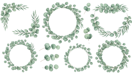 Eucalyptus leaves and greenery borders set.  Watercolor green leaves and branches. Clipart for invitations, greeting cards, save the date, stationery design. Hand drawn illustration.