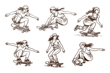 Obraz premium Diverse young women skateboarding in dynamic poses. Urban lifestyle, youth culture, and extreme sports concept. Vector illustration.