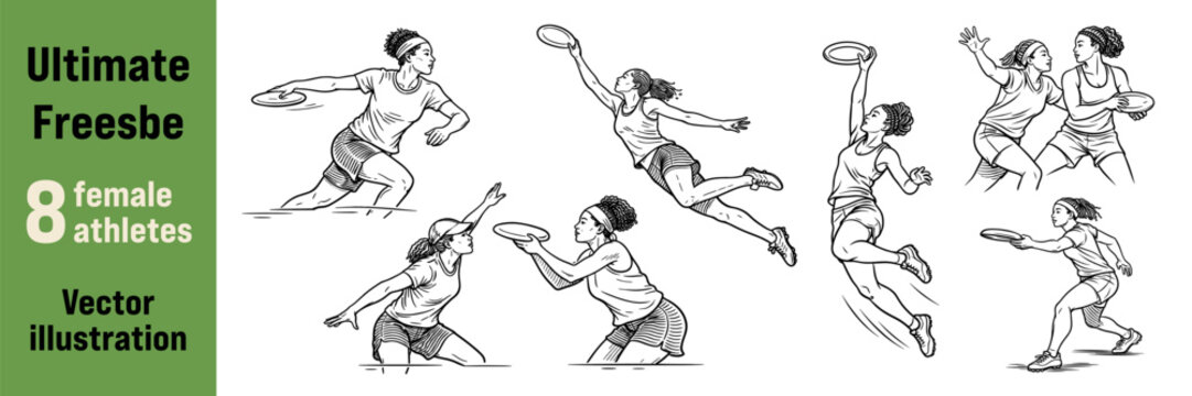 Diverse female athletes playing ultimate frisbee. Intense disc sports action for youth, team, and fitness concepts. Vector illustration.
