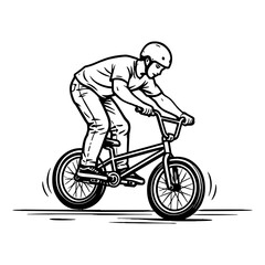 Naklejka premium BMX rider performing trick while balancing on bike. Black and white vector line drawing illustration.