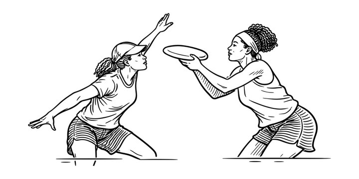 Two women competing in ultimate frisbee, one defending and one preparing to throw the disc.