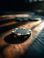 A poker chip rests in warm backlight, casting a shadow on an old wooden table, evoking anticipation Generative AI