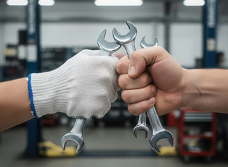 Two hands, one gloved and one bare, are holding wrenches in a garage, symbolizing teamwork and collaboration in automotive repair and mechanical craftsmanship