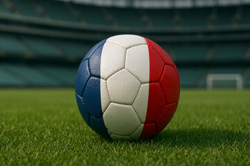 Soccer Ball with French Flag Colors on Green Grass Field in Stadium