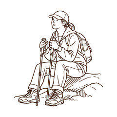 Obraz premium Illustration of a female hiker sitting on a rock, resting with trekking poles and a backpack. Outdoor adventure and nature exploration concept. Vector illustration.