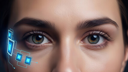 Close-up of a young woman with striking green eyes, showcasing digital facial recognition technology, highlighting innovation and the future of biometric identification systems