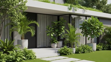 A modern house with a lush green garden and potted plants on the front porch