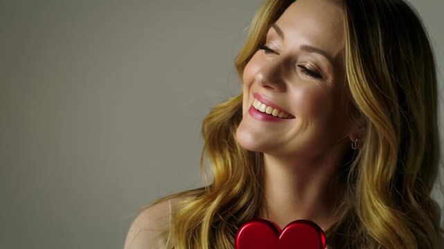 Joyful Korean woman portrait celebrating Valentine's Day with romantic lighting, isolated studio close up, happy smile showing love and holiday spirit.