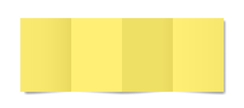 Four panel accordion fold. Yellow folded paper sheet. Double gate fold. A4 format brochure	