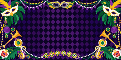 Mardi Gras decorative border with colorful masks and beads on purple background © Rathin