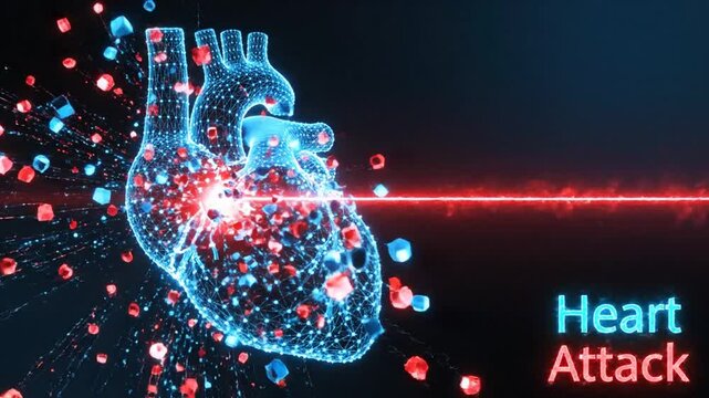 A digital representation of a heart experiencing a cardiac event, visualized through a network of glowing blue and red nodes against a dark background.