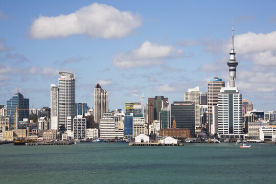 Auckland city skyline with Sky Tower viewed from North Shore waterfront