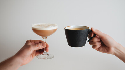 Enjoying a delightful moment with a cocktail in one hand and coffee in the other at a charming caf&eacute; Generative AI
