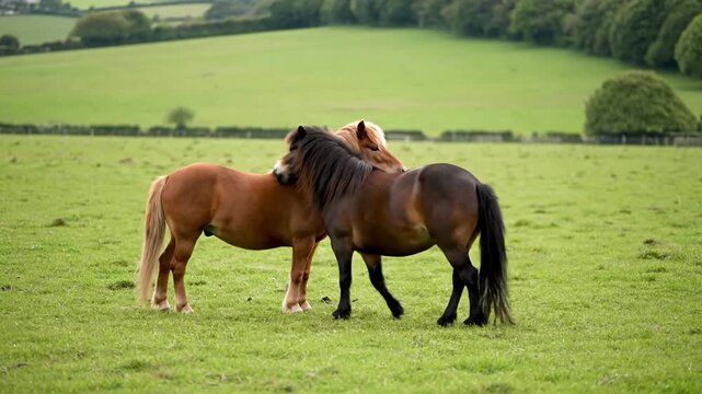 Horse Breeding Scene with Two Horses Standing in a Lush Green Field