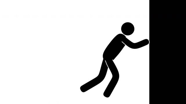 Transition animation with a stickman character pushing the screen from left to right. Simple black and white transition with alpha channel