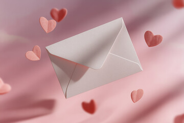 An empty love letter floats among heart shapes, evoking romance and longing Generative AI