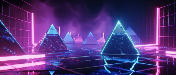 Futuristic 3D render of glowing glass pyramids in neon pink and blue, floating in a starry outer space environment.