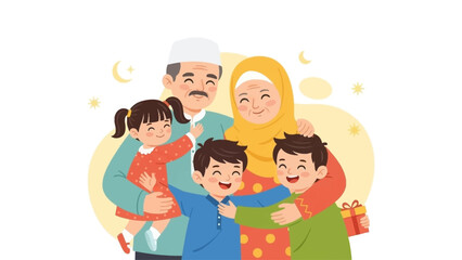 A heartwarming flat design illustration portrays Muslim grandparents lovingly embracing their excited grandchildren during Eid al-Fitr. 