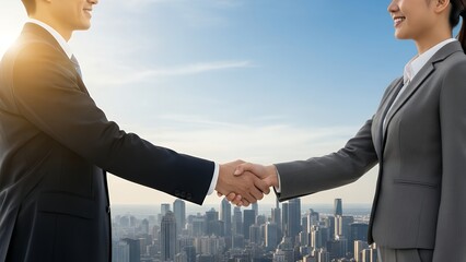 Business partners shaking hands after successful deal, city skyline background