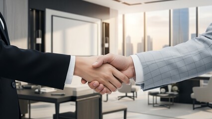 Business handshake in luxury office, panoramic view, neutral color palette, investment and partnership concept