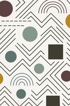 Abstract geometric pattern with colourful circles, squares and zigzag lines