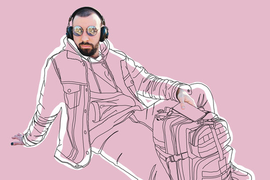 Creative urban style person with headphones and travel bag in collage
