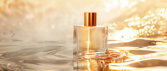 Luxury perfume bottle with a golden cap placed on reflective golden liquid with gentle splash. Warm lighting and bokeh create an elegant, sensual atmosphere. Ideal for beauty, fragrance, and cosmetics