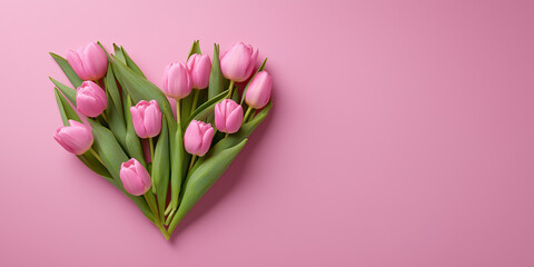 Fresh pink tulips are creatively nestled together, forming a lovely heart on a soft pink backdrop Generative AI