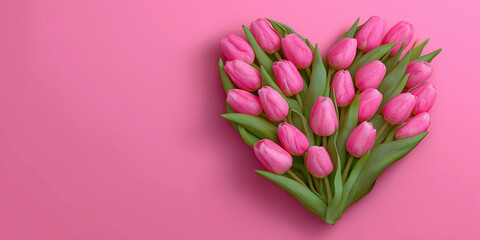 Heart-shaped pink tulips bloom on a soft pink surface, celebrating love Generative AI