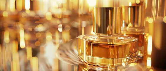 Elegant Golden Perfume Bottle with Glowing Reflections