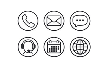Set of communication and contact icons including phone, email, chat, headset, calendar, and globe