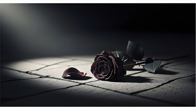 Abandoned bicycle lies on cracked pavement in dark alley with spotlight shining down