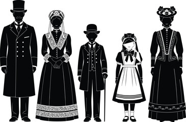Obraz premium Vintage Black Silhouette Vector of a Victorian Family Wearing Traditional Nineteenth Century Period Costumes and Formal Outfits for Historical Education and Heritage Design