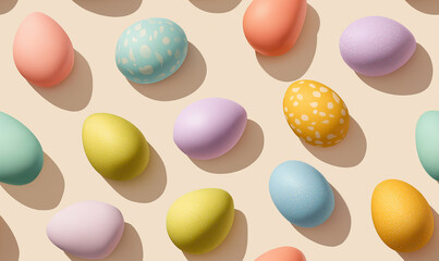 Brightly colored easter eggs are scattered in a playful pattern, celebrating the joy of springtime Generative AI