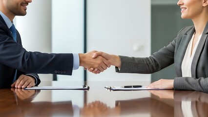 Two executives shaking hands across conference table, wide-angle panoramic banner, professional business environment