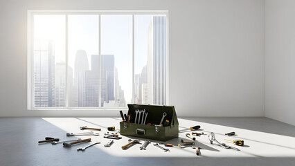 Tools scattered around open green toolbox near city window