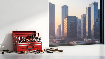 Red toolbox with tools and city view through window