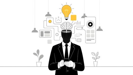 Silhouetted businessperson using smartphone with ai network, lightbulb and data iconography symbolizing b2b ai concept and intelligent enterprise solution.