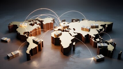Wooden world map with connecting arc between continent block representing cross-border payment and global money transfer concept.