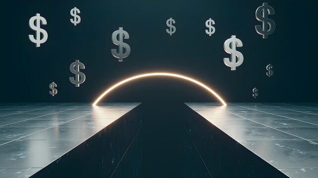 Abstract concept of cross-border payment showing dollar symbol, glowing horizon and pathway representing international money transfer.