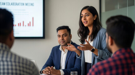 South asian executive proposing financial growth metrics and quarterly revenue forecasts to colleagues in boardroom
