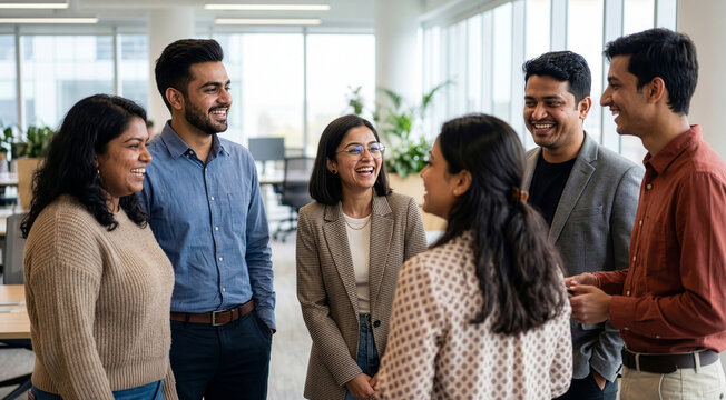 Enthusiastic indian corporate team enjoying convivial break in modern co-working hub