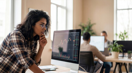 Focused fintech trader analyzing crypto charts and market data in casual startup environment