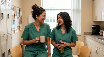 Jovial clinical practitioners sharing laughter and refreshments in hospital staff area