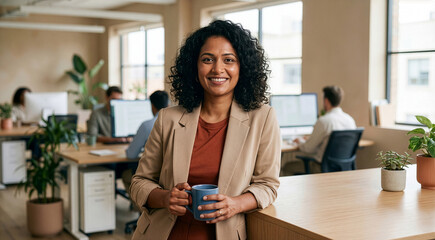 Confident diverse executive holding coffee mug in collaborative workspace