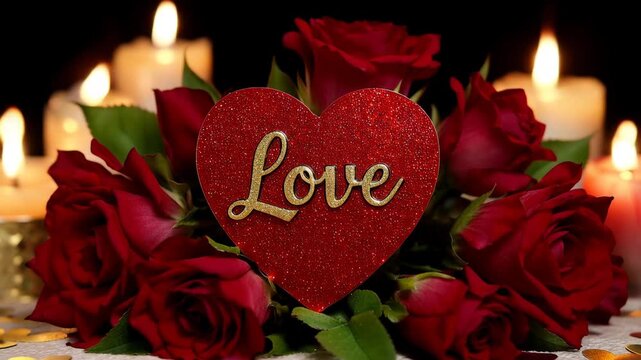 Red roses bouquet with heart shaped love sign and candles on table