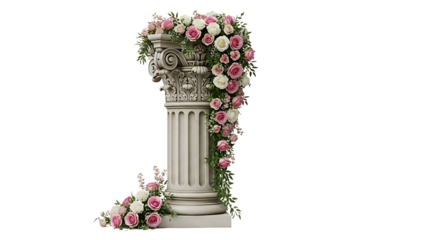 Beautiful floral arrangement on the ancient greek style white marble pillar with pink and white roses
