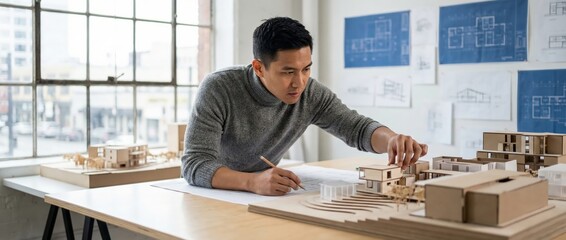 Asian architect designing building model, working on blueprints in studio Concept of urban planning, construction, and creativity