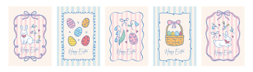 Set of coquette greeting cards for Happy Easter. Hand drawn whimsical line frames with bows and ribbons. Cute bunny, adorable flowers and leaves, basket, eggs. Vector template for poster, banner.